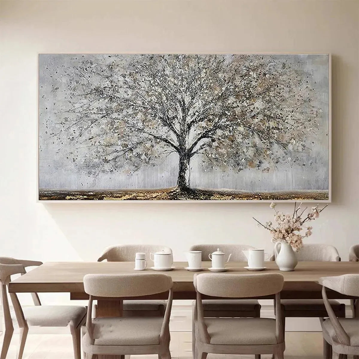 Silver Birch hand-painted soft grey and gold textured forest landscape painting shown with gold frame