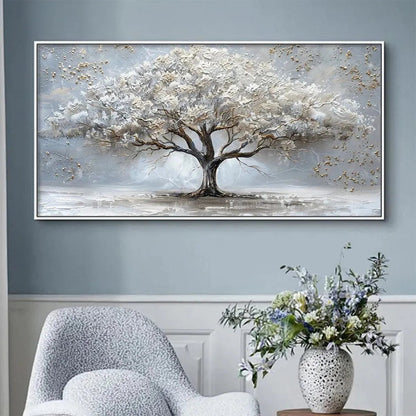 Silver Lining hand-painted white, soft grey and gold textured tree painting shown with white frame