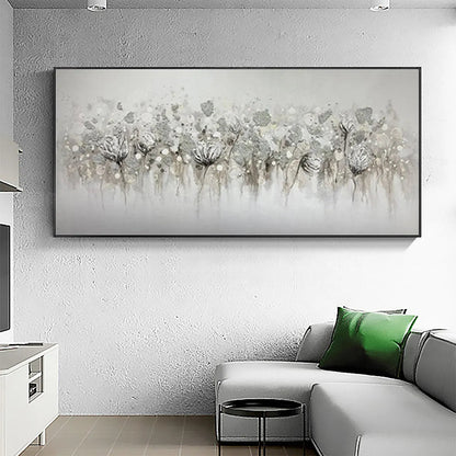 Silver and Grey Minimalist Floral Oil Painting – Silver Mist