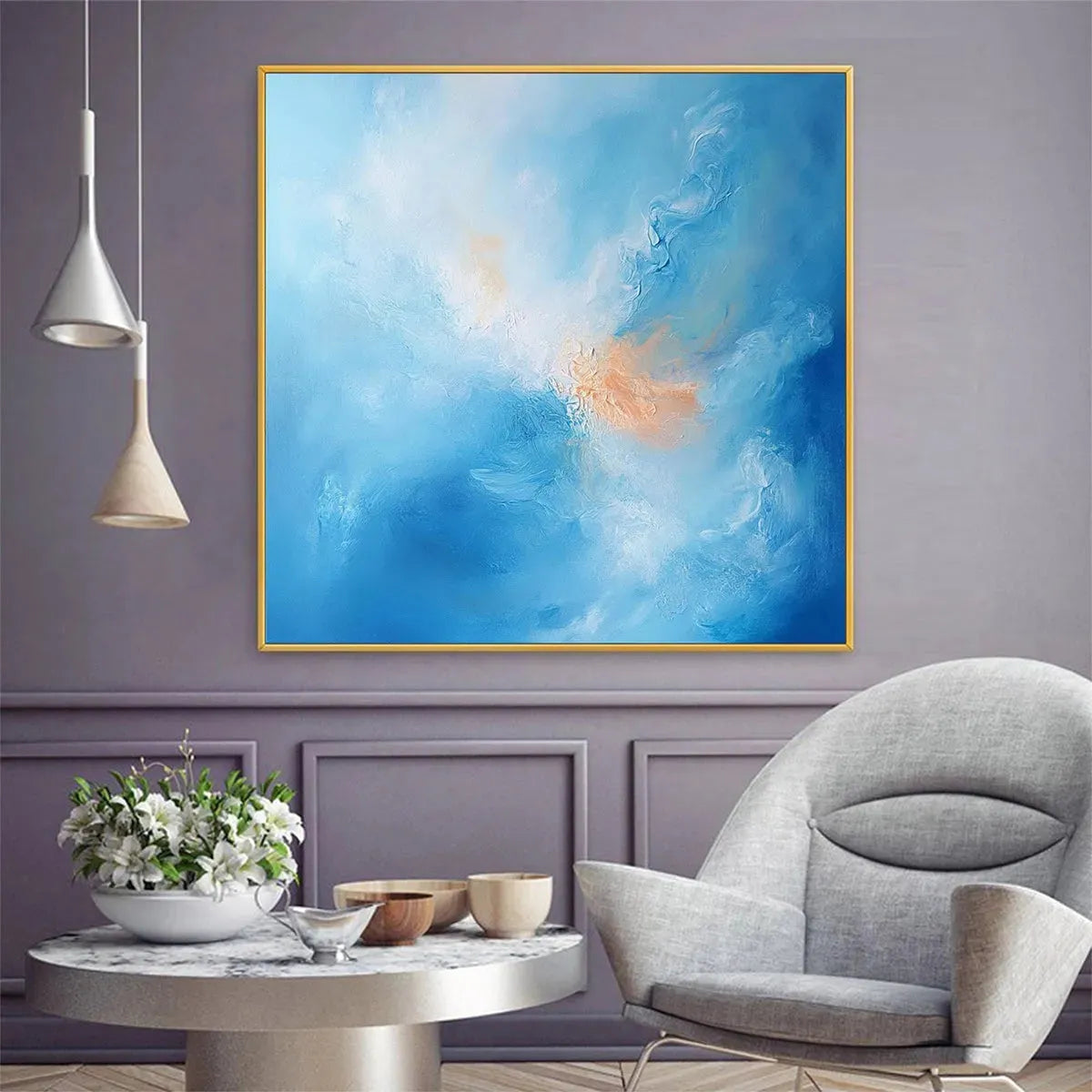 Skyscape Serenity hand-painted ocean blue and peach textured coastal abstract painting shown with black frame