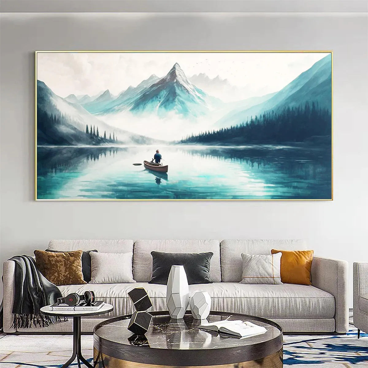 Solitude's Embrace hand-painted slate blue, ivory and soft grey textured mountain lake painting shown with wood frame