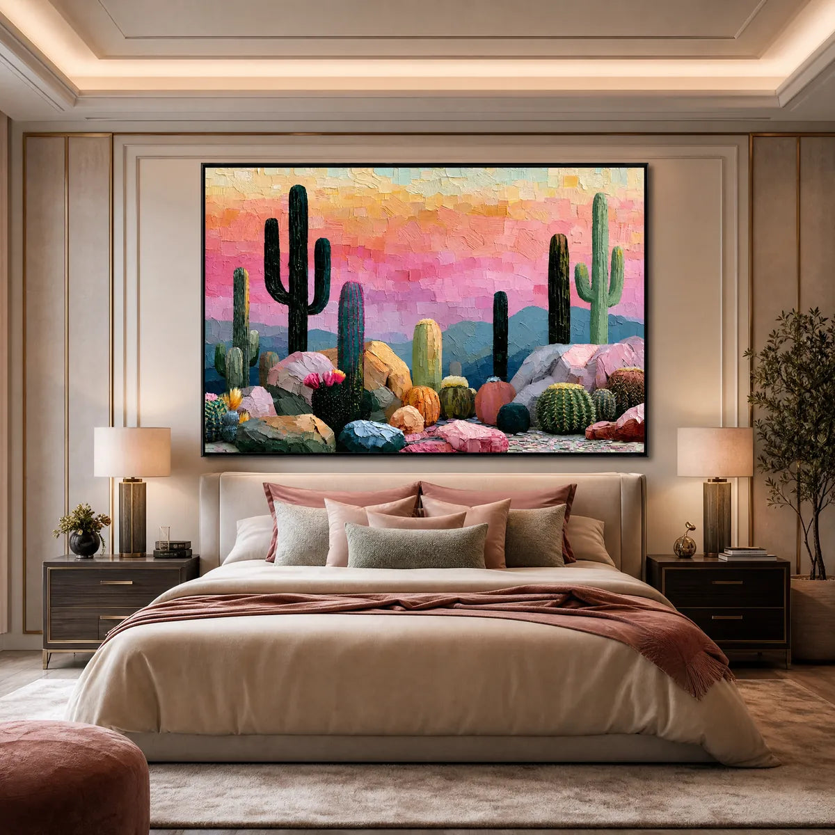 Colorful Boho Cactus Textured Oil Painting – Sonoran Dream