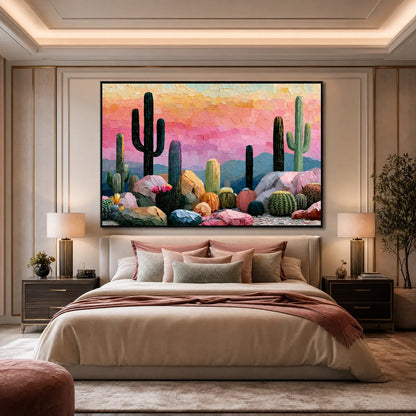 Colorful Boho Cactus Textured Oil Painting – Sonoran Dream