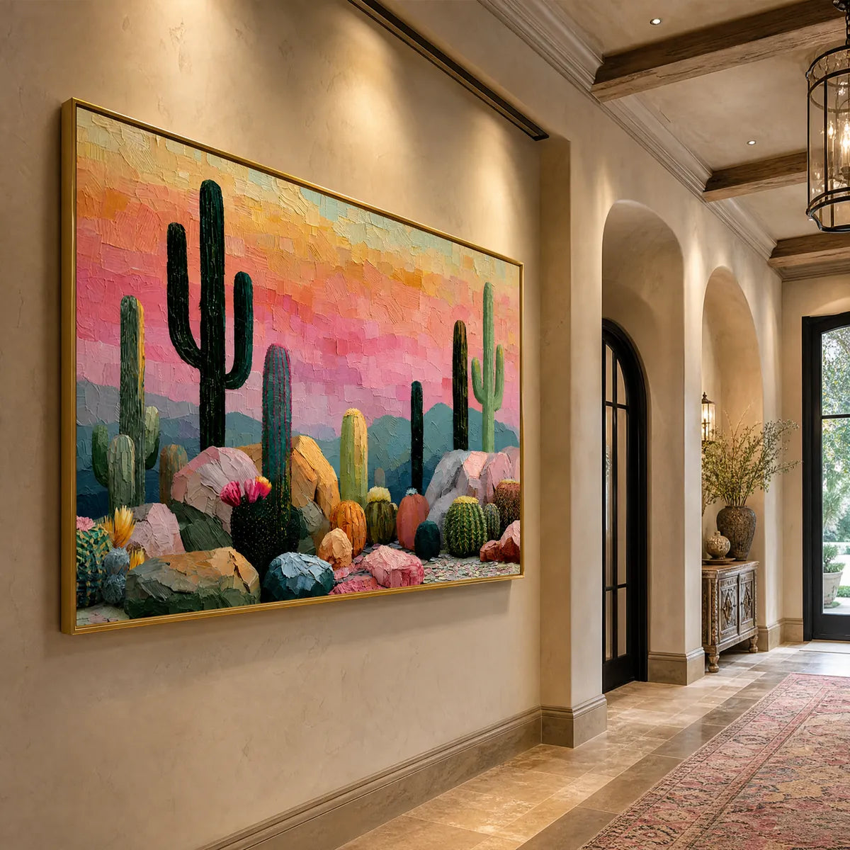 Colorful Boho Cactus Textured Oil Painting – Sonoran Dream