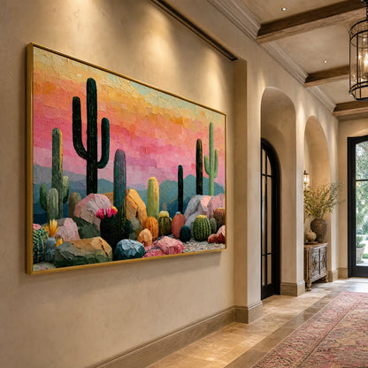 Colorful Boho Cactus Textured Oil Painting – Sonoran Dream