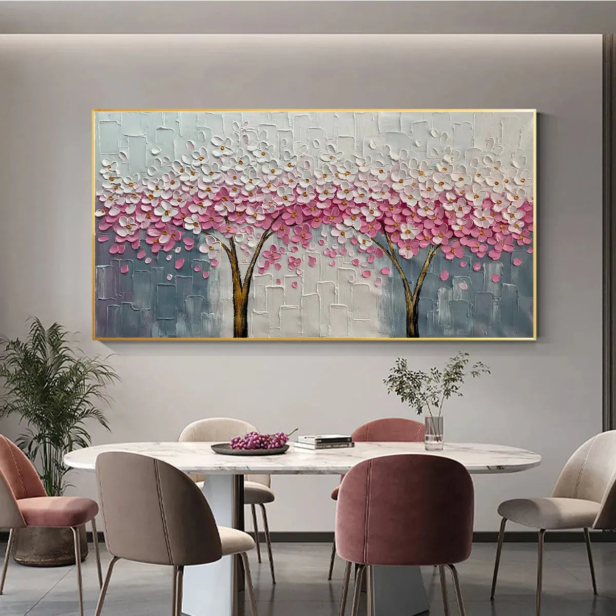 Spring Blossom hand-painted white and pink textured blossom tree painting shown with wood frame