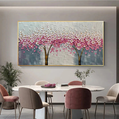 Spring Blossom hand-painted white and pink textured blossom tree painting shown with wood frame