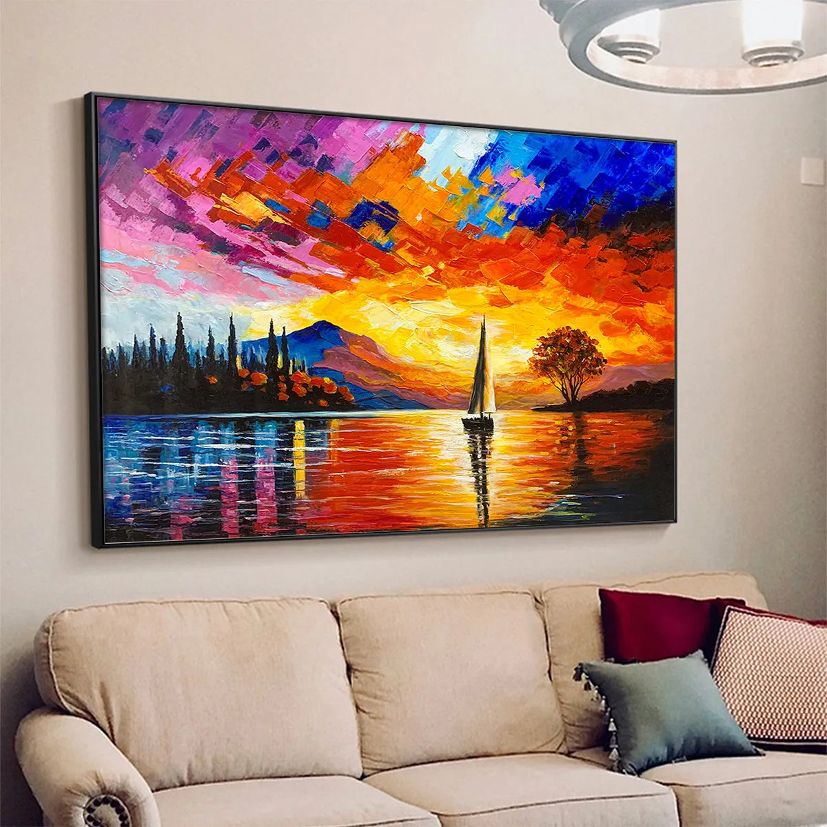 Sailing At Sunset hand-painted ocean blue, orange, red and violet textured sailboat seascape painting shown with white frame