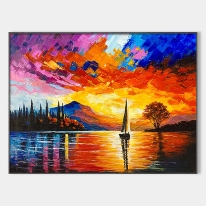 Sailing At Sunset hand-painted ocean blue, orange, red and violet textured sailboat seascape painting rolled canvas option
