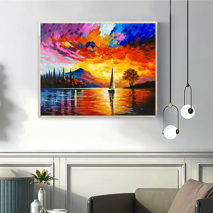 Sailing At Sunset hand-painted ocean blue, orange, red and violet textured sailboat seascape painting shown as stretched canvas
