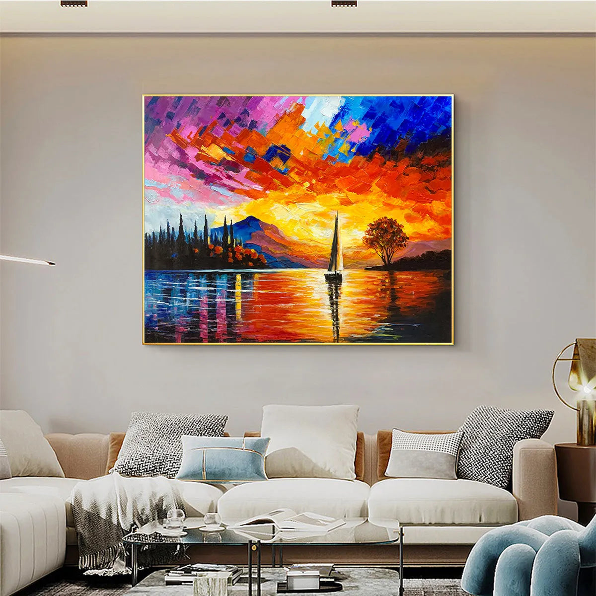 Sailing At Sunset hand-painted ocean blue, orange, red and violet textured sailboat seascape painting shown with wood frame