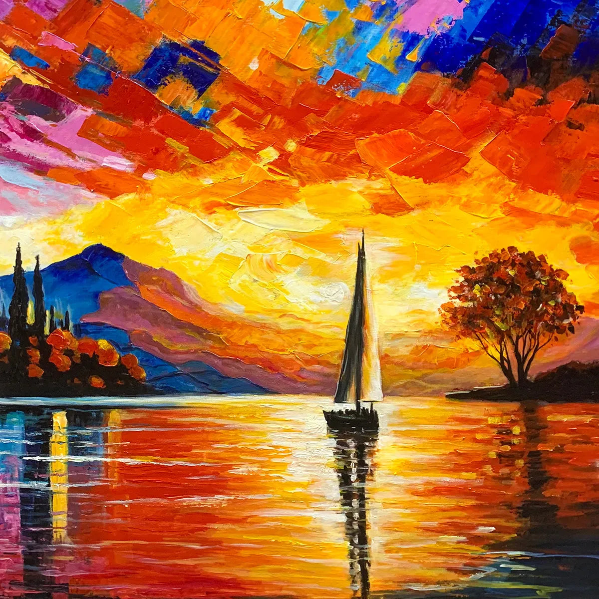 Sailing At Sunset hand-painted ocean blue, orange, red and violet textured sailboat seascape painting shown with gold frame
