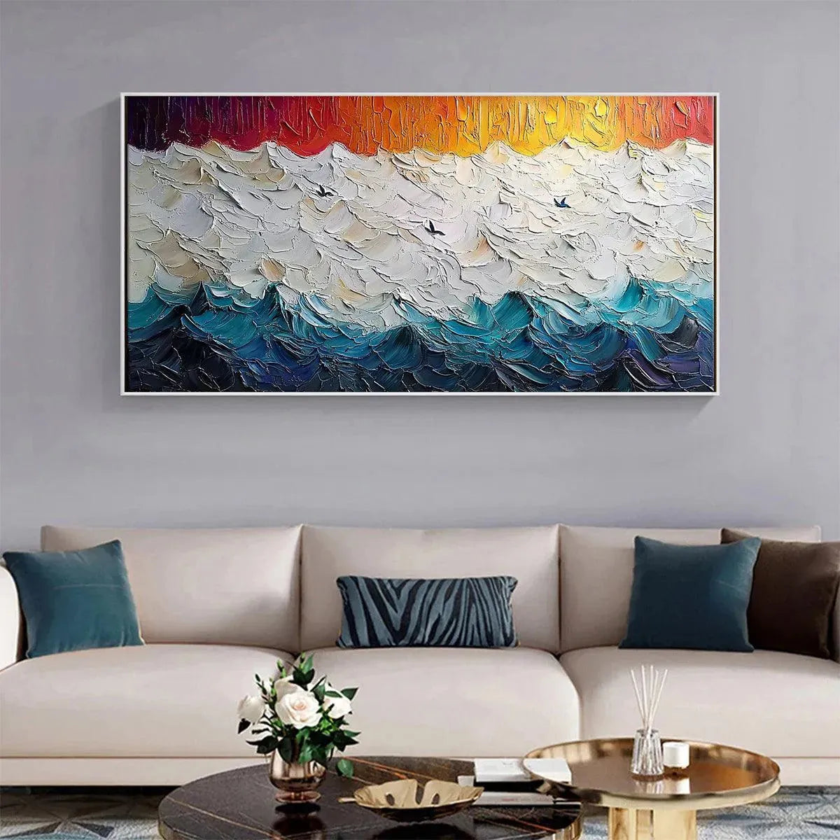Stormy Skies hand-painted ocean blue, ivory and soft neutral tones textured seascape painting shown with black frame