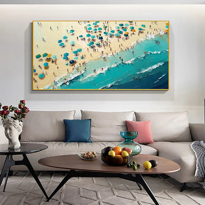 Summer Afternoon hand-painted turquoise and ivory textured beach scene painting rolled canvas option