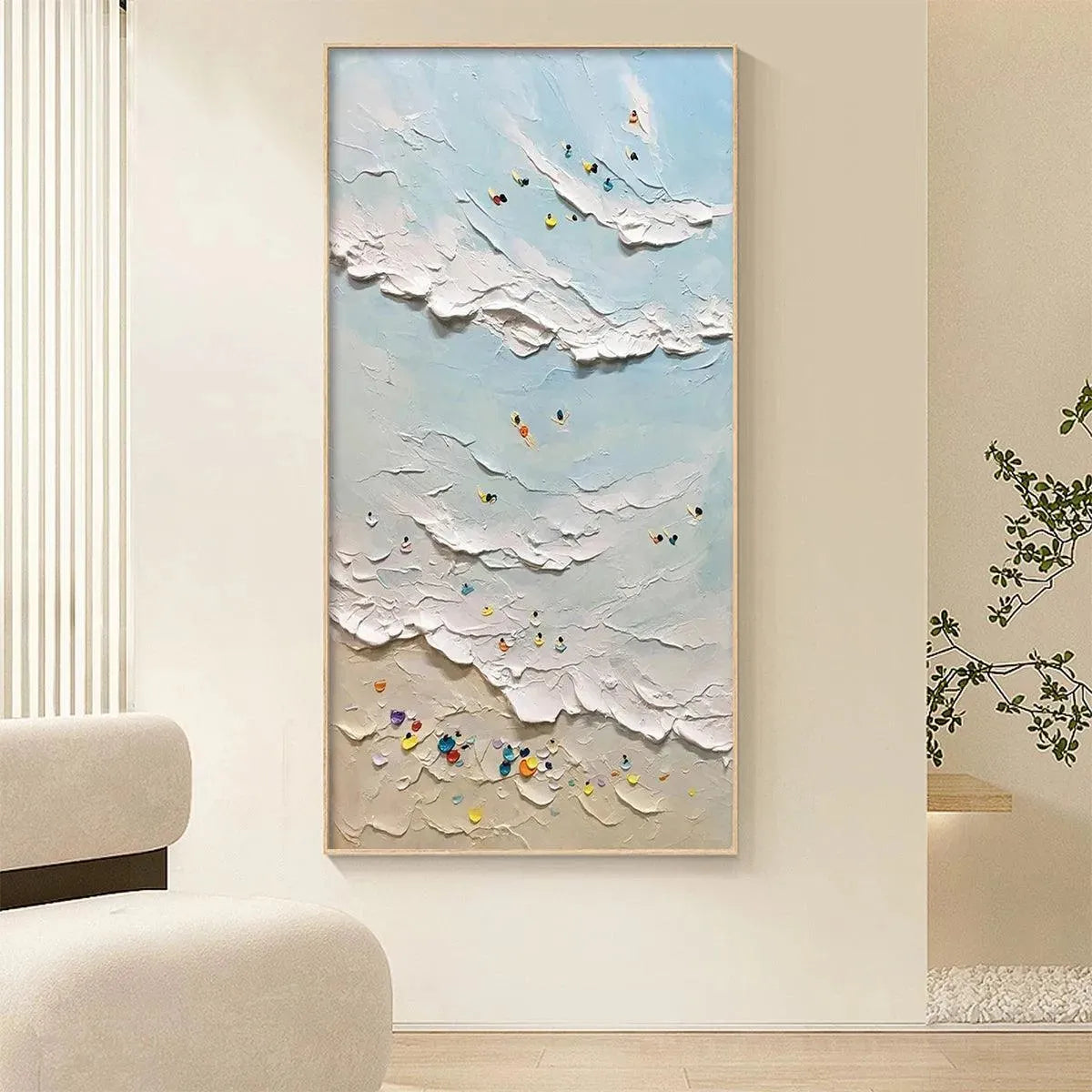 Summer Beach hand-painted ocean blue, ivory and soft neutral tones textured surfer ocean painting shown as stretched canvas