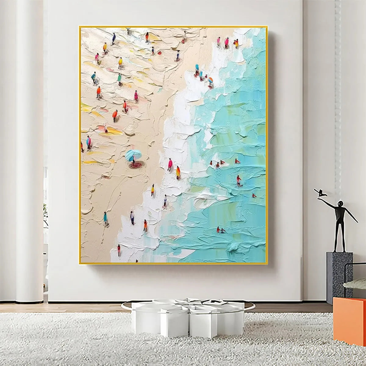 Summer Holiday hand-painted sand and ivory textured beach scene painting shown with white frame