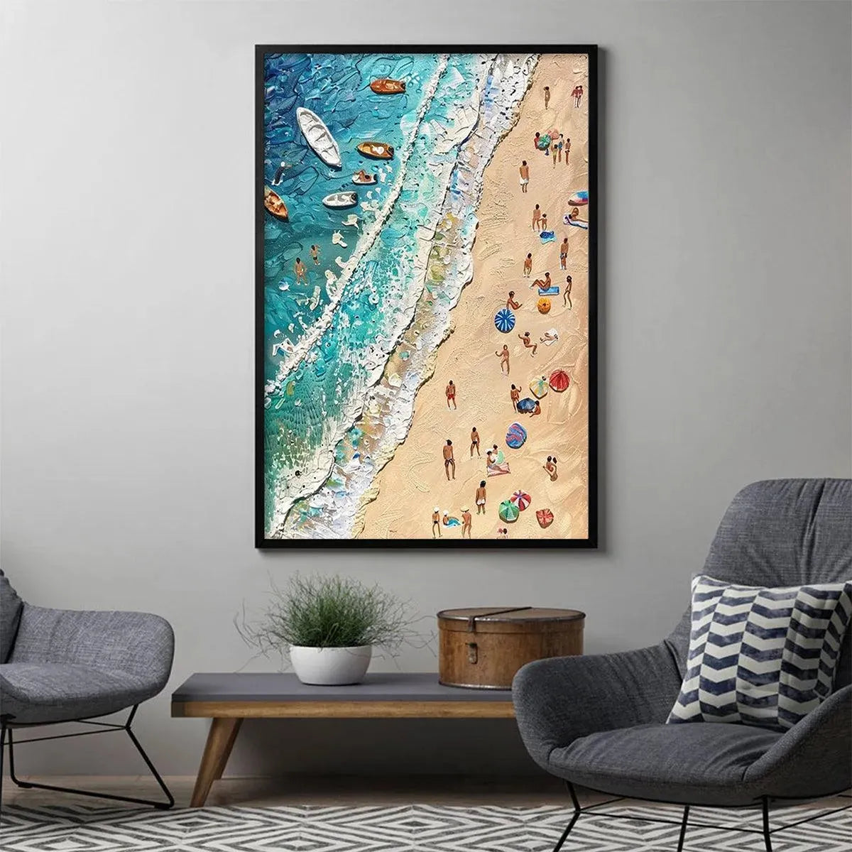 Sun-Kissed Shores hand-painted ocean blue, ivory and soft neutral tones textured beach scene painting rolled canvas option
