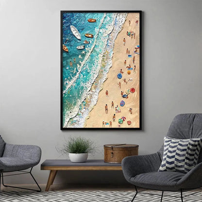 Sun-Kissed Shores hand-painted ocean blue, ivory and soft neutral tones textured beach scene painting rolled canvas option