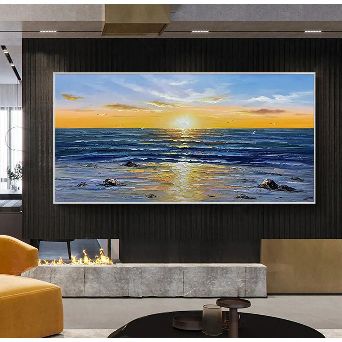 Sunkissed Shores hand-painted yellow and orange textured sunset seascape painting rolled canvas option
