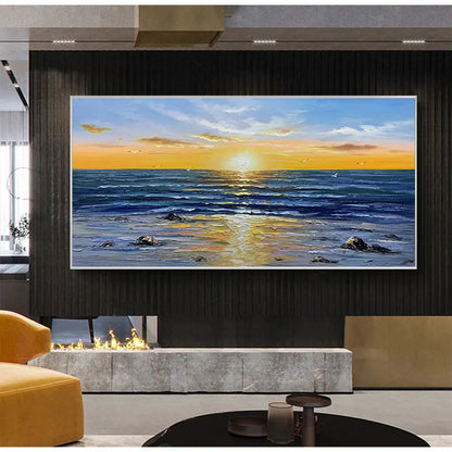Sunkissed Shores hand-painted yellow and orange textured sunset seascape painting rolled canvas option