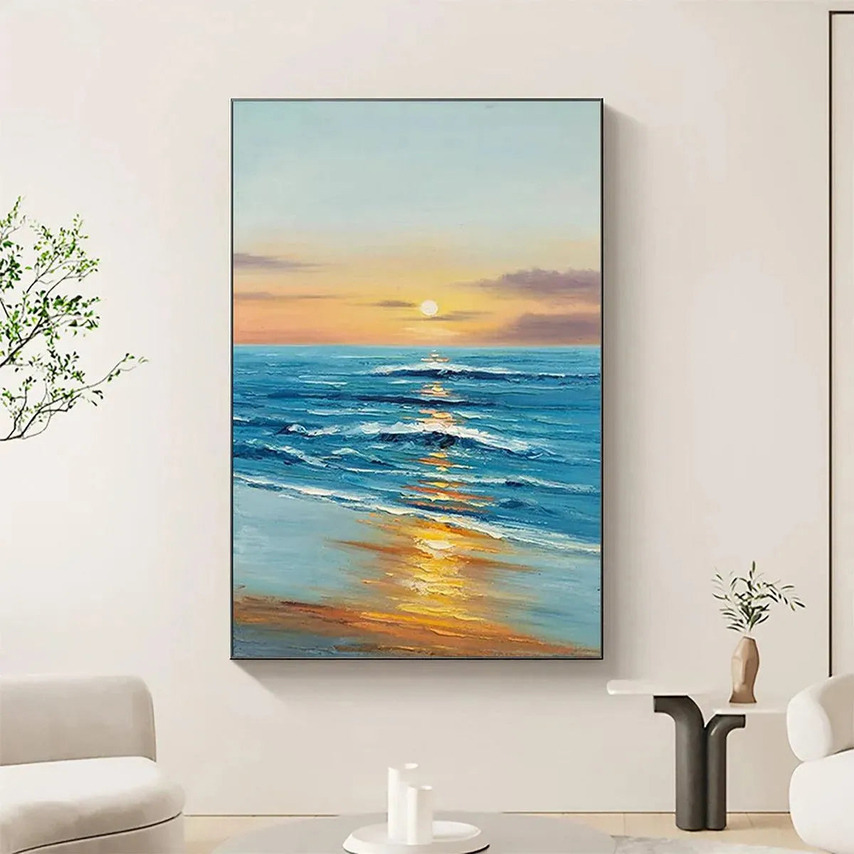 Sunkissed Shores hand-painted ocean blue, ivory and soft neutral tones textured sunset seascape painting shown with black frame