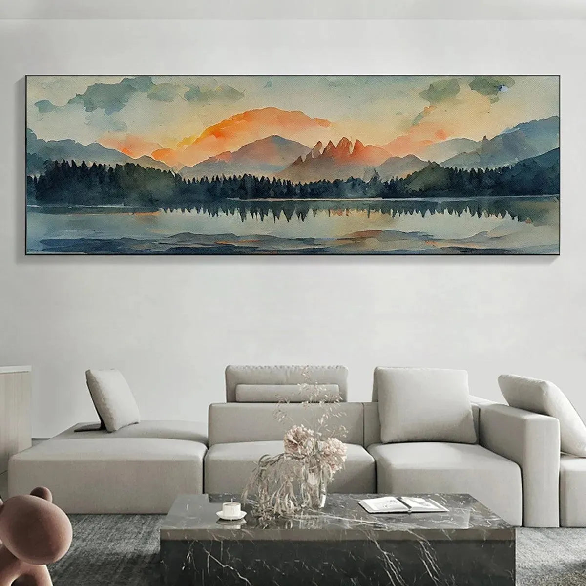 Sunset Serenity hand-painted gold, burnt orange and slate blue textured mountain lake painting shown with silver frame
