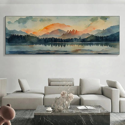 Sunset Serenity hand-painted gold, burnt orange and slate blue textured mountain lake painting shown with silver frame
