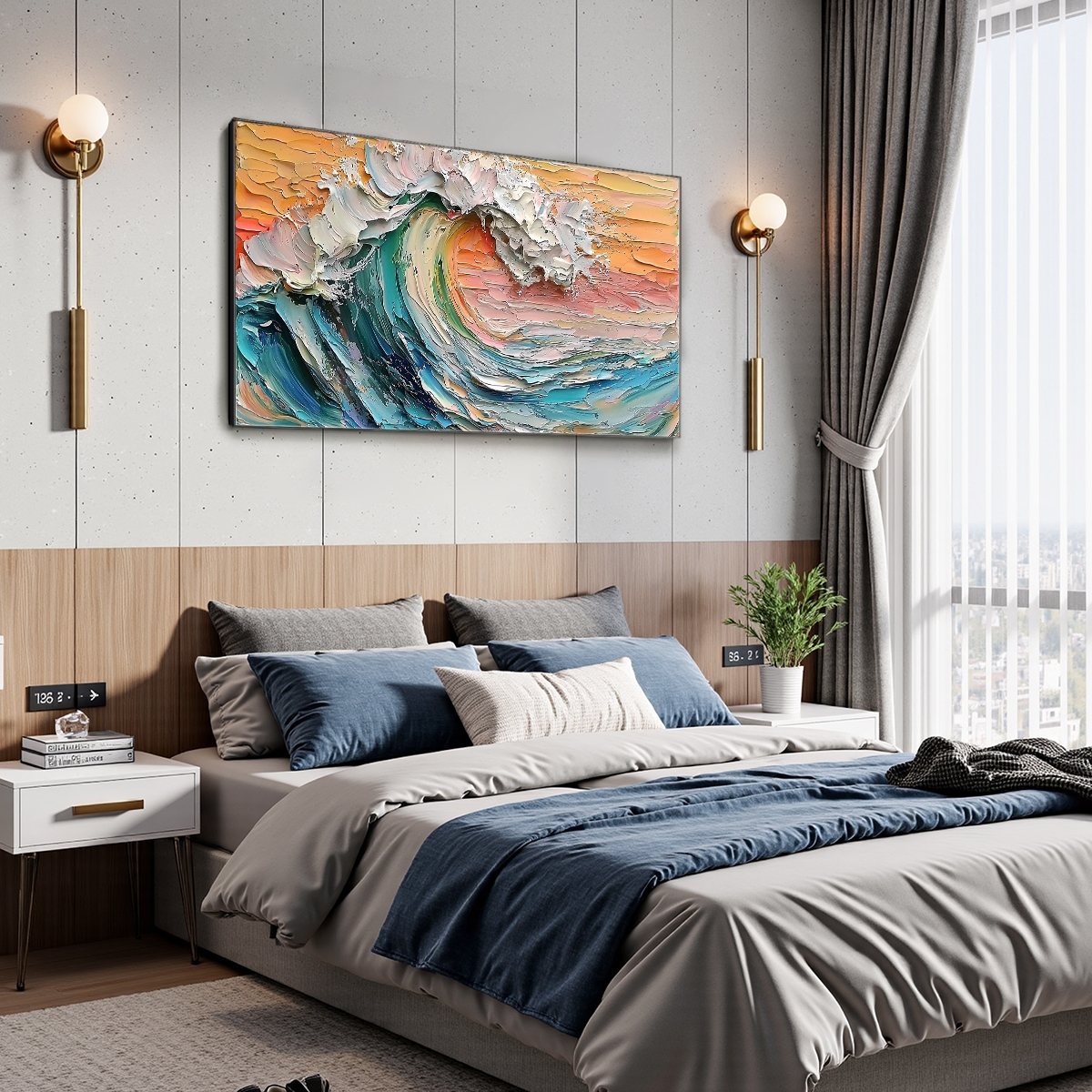 Sunset Surge hand-painted ocean blue, ivory and soft neutral tones textured sunset seascape painting shown with white frame