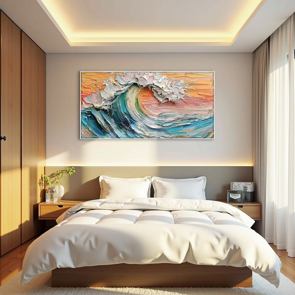 Sunset Surge hand-painted ocean blue, ivory and soft neutral tones textured sunset seascape painting rolled canvas option