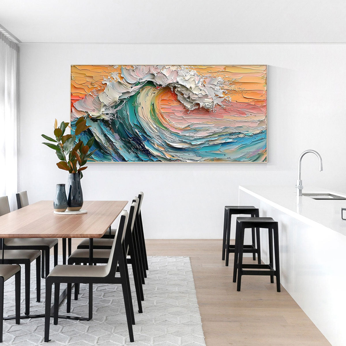Sunset Surge hand-painted ocean blue, ivory and soft neutral tones textured sunset seascape painting shown with wood frame