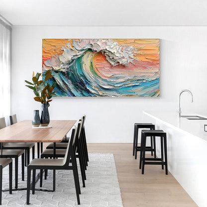 Sunset Surge hand-painted ocean blue, ivory and soft neutral tones textured sunset seascape painting shown with wood frame