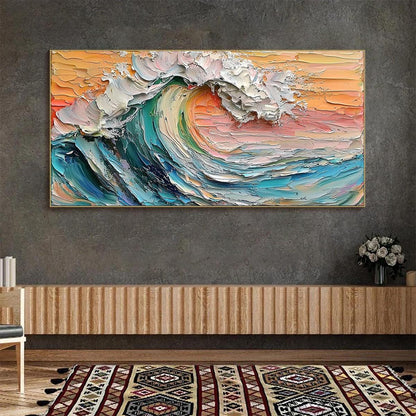 Sunset Surge hand-painted ocean blue, ivory and soft neutral tones textured sunset seascape painting shown as stretched canvas