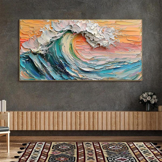 Sunset Surge hand-painted ocean blue, ivory and soft neutral tones textured sunset seascape painting shown as stretched canvas