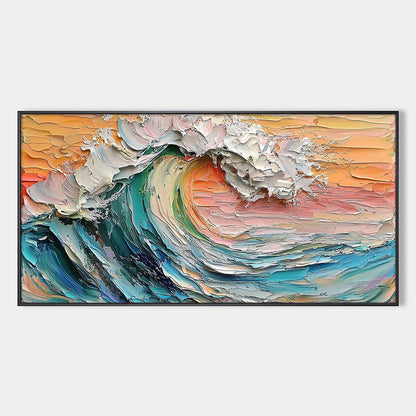 Sunset Surge hand-painted ocean blue, ivory and soft neutral tones textured sunset seascape painting rolled canvas option
