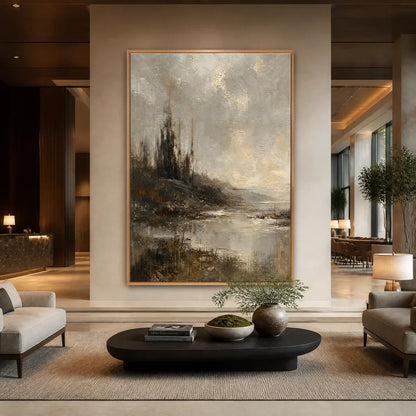 Tarnished Lake hand-painted soft grey and gold textured landscape painting