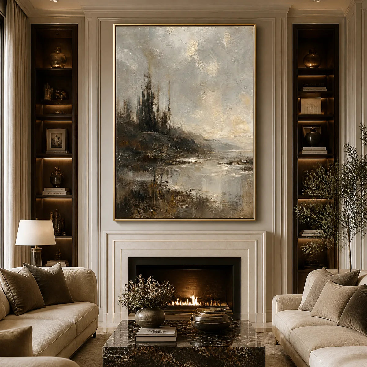 Tarnished Lake hand-painted soft grey and gold textured landscape painting
