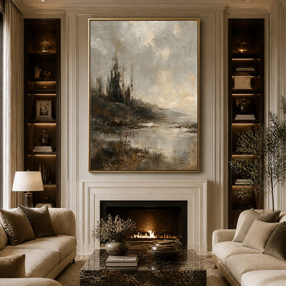 Tarnished Lake hand-painted soft grey and gold textured landscape painting