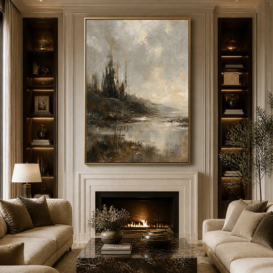 Tarnished Lake hand-painted soft grey and gold textured landscape painting