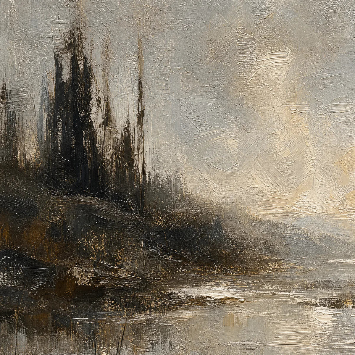 Tarnished Lake hand-painted soft grey and gold textured landscape painting
