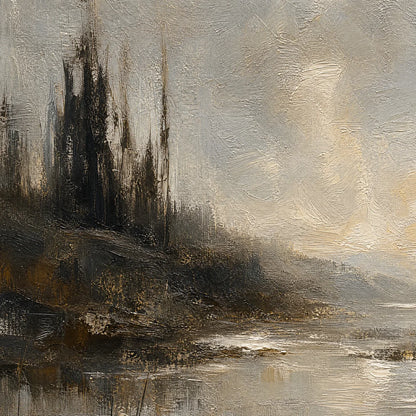Tarnished Lake hand-painted soft grey and gold textured landscape painting