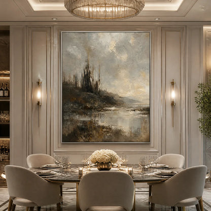 Tarnished Lake hand-painted soft grey and gold textured landscape painting