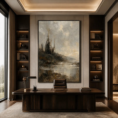 Tarnished Lake hand-painted soft grey and gold textured landscape painting