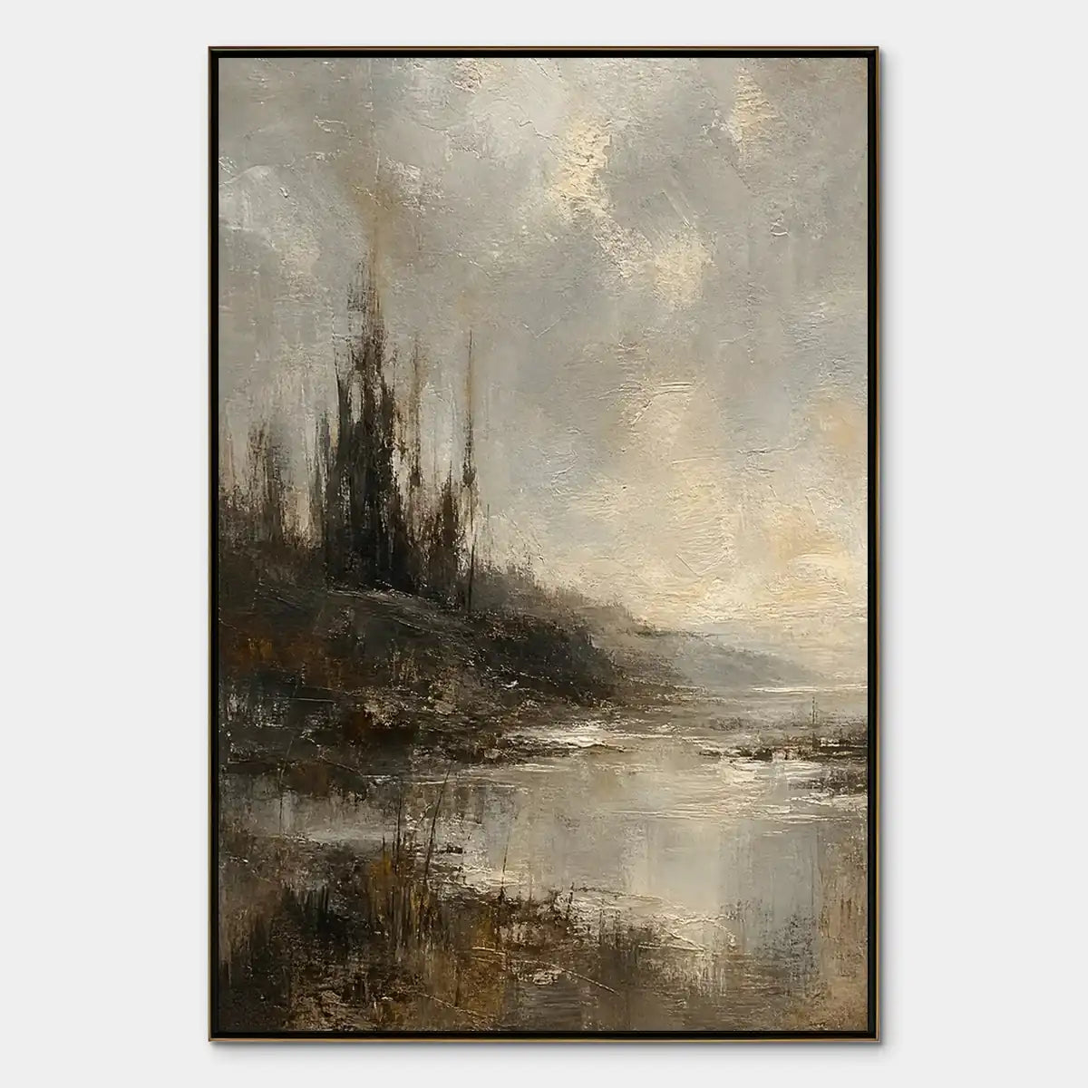 Tarnished Lake hand-painted soft grey and gold textured landscape painting