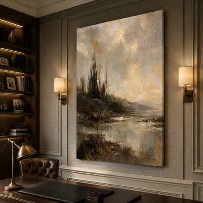 Tarnished Lake hand-painted soft grey and gold textured landscape painting