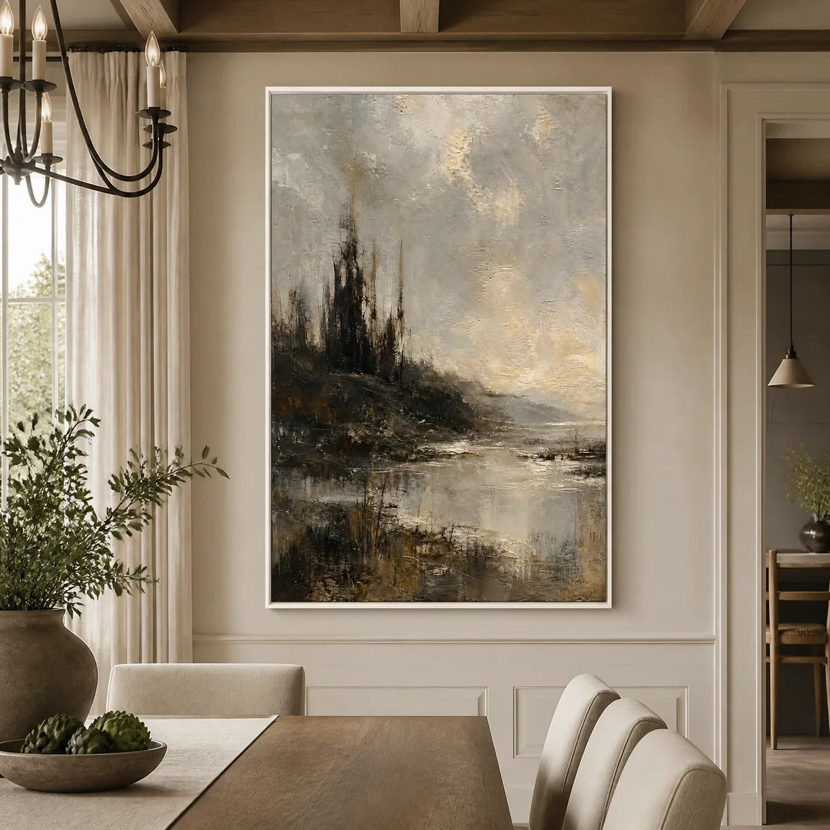 Tarnished Lake hand-painted soft grey and gold textured landscape painting