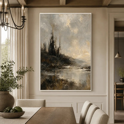 Tarnished Lake hand-painted soft grey and gold textured landscape painting