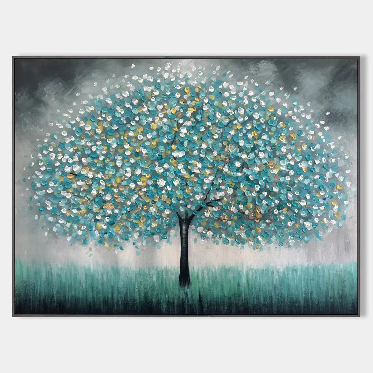 Teal Dream hand-painted soft grey and teal textured tree painting rolled canvas option