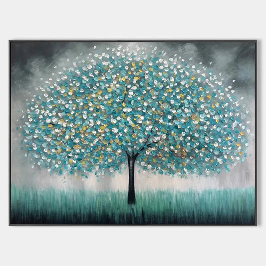 Teal Dream hand-painted soft grey and teal textured tree painting rolled canvas option