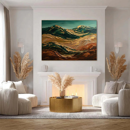 Terra Dorata hand-painted gold and ivory textured abstract mountain painting shown with silver frame