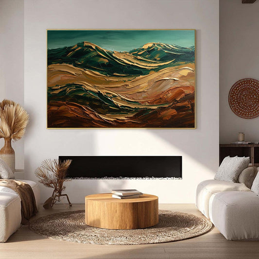 Terra Dorata hand-painted gold and ivory textured abstract mountain painting shown as stretched canvas